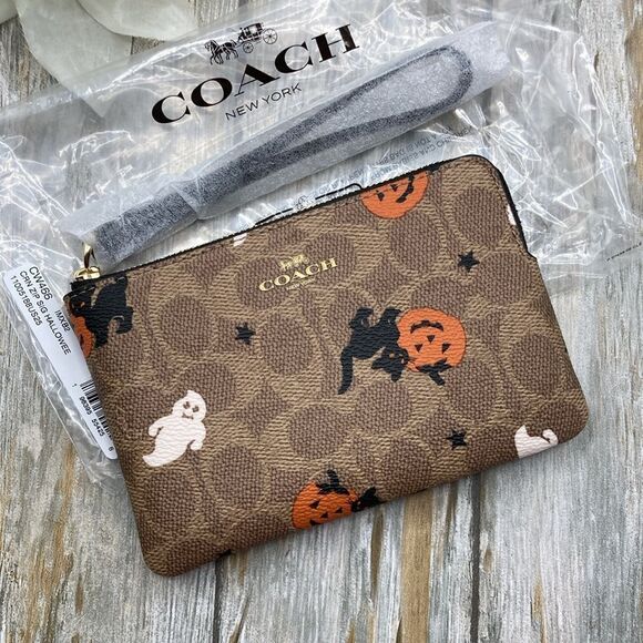 Corner Zip Wristlet In Signature Canvas With Halloween Graphic Wallet Bag Purse - Picture 6 of 10